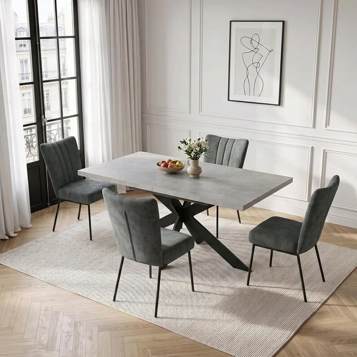 Jiexi Essgruppe Essgruppe: Ausziehtisch 130-170cm, X-Gestell, 4-6 Samtstühle – Bild 1