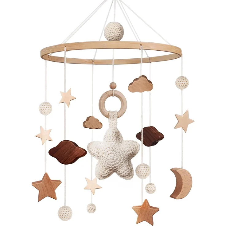 SWECOMZE Mobile Baby Bettglocke mit Sterne Hölz Mädchen Hängende Mobile Windspiel für Babybett Kinderbett