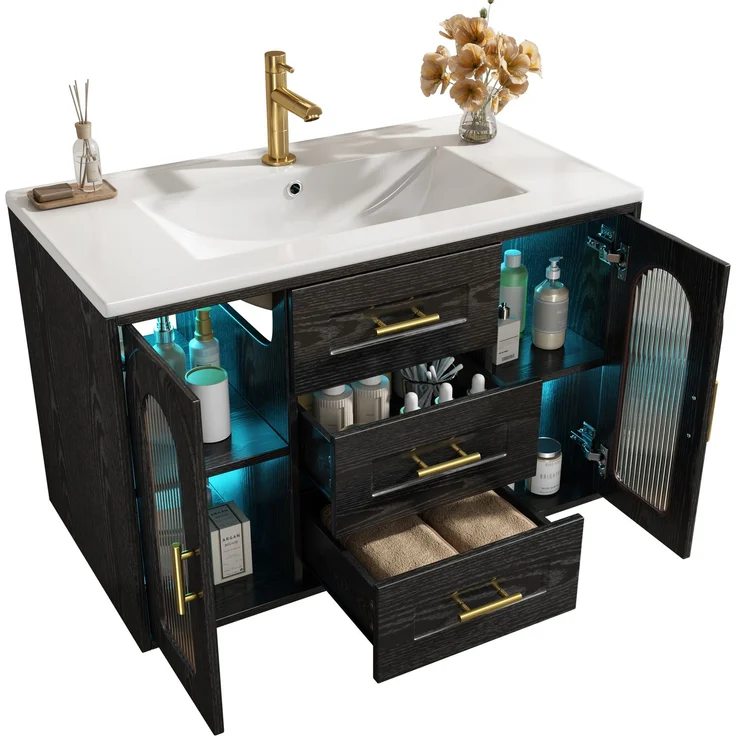 Waschtischschrank 76x46x55 cm Schwarz mit geriffelter Glastür, LED und Keramikwaschbecken – Bild 7