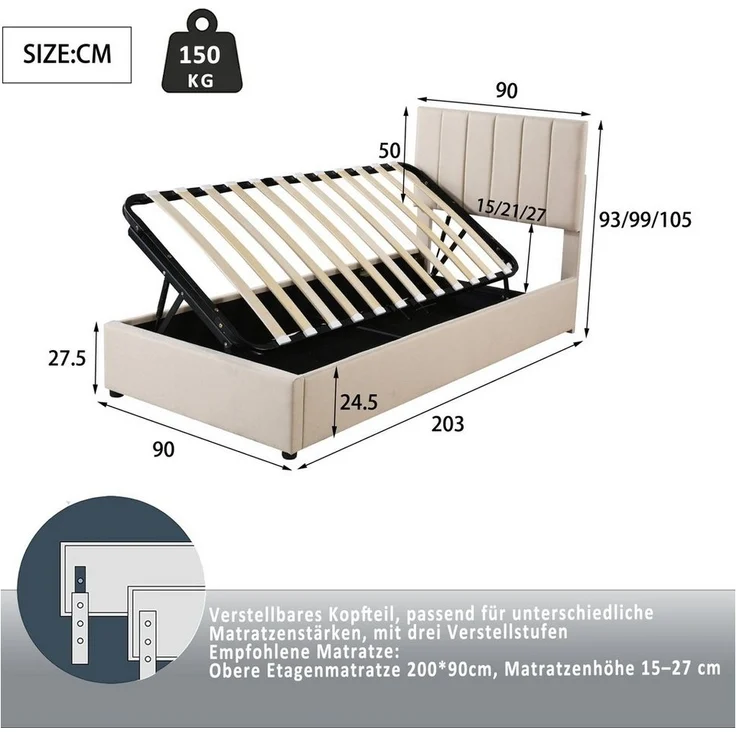 BlingBin Einzelbett Kinderbett Polsterbett Stauraumbett (1-tlg, hautfreundliches Leinen-Hochkastenbett), 90x200 cm,Höhenverstellbares Kopfteil – Bild 2