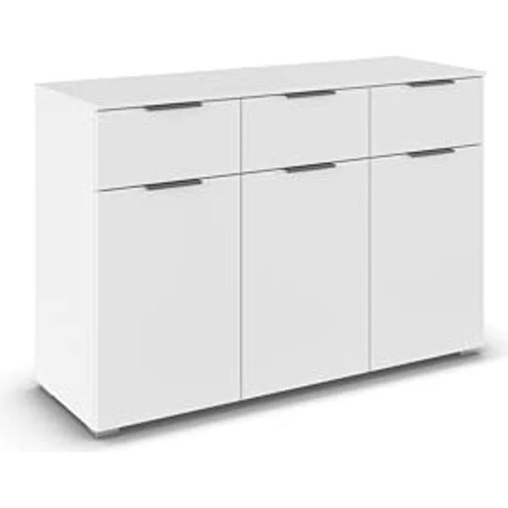 Rauch Möbel Alabama, Kommode, Farbe Weiß, Maße 120x81x42 cm | Sideboard, 3-türig, 3 Schubladen, Soft-Close-Funktion, Griff Grau metallic, für Schlafzimmer, Kinderzimmer, Garderobe, Flur – Bild 1