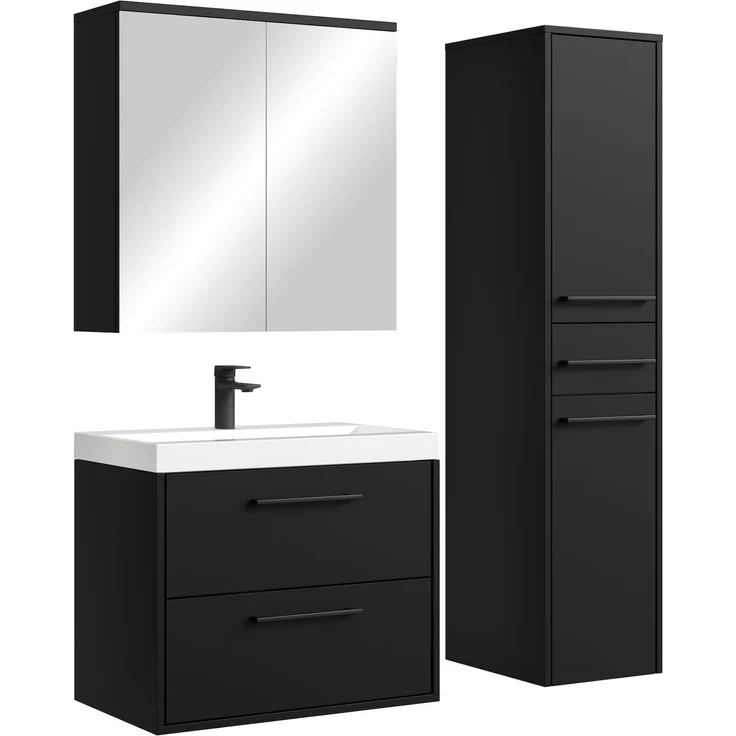 Badmöbel Komplettset Florence 60 x 35 cm Schwarz Matt - Badezimmermöbel mit Waschbecken, Spiegel und Badezimmerschrank – Bild 1