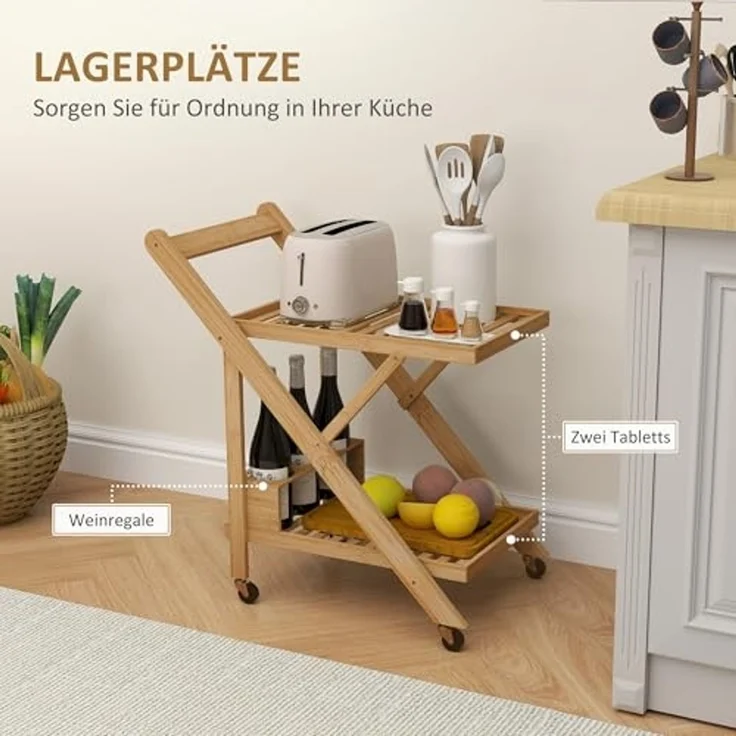 HOMCOM Servierwagen Küchenwagen mit Weinregal, Arbeitsplatte, 2 Ebenen, (Rollwagen, 1 St, Küchenwagen), für Büro, Küche, Wohnzimmer, 66 x 40 x 70 cm, Bambus, Natur – Bild 3