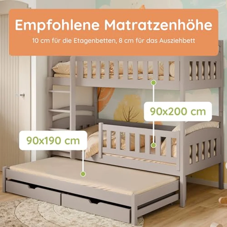 Kids Collective Etagenbett Hochbett Stockbett Kinderbett 90x200 cm mit Ausziehbett und Schubladen (mit drei Matratzen inklusive), Umbaubar zu 3 Einzelbetten mit Lattenrosten & Rausfallschutz, Kaschmir – Bild 11