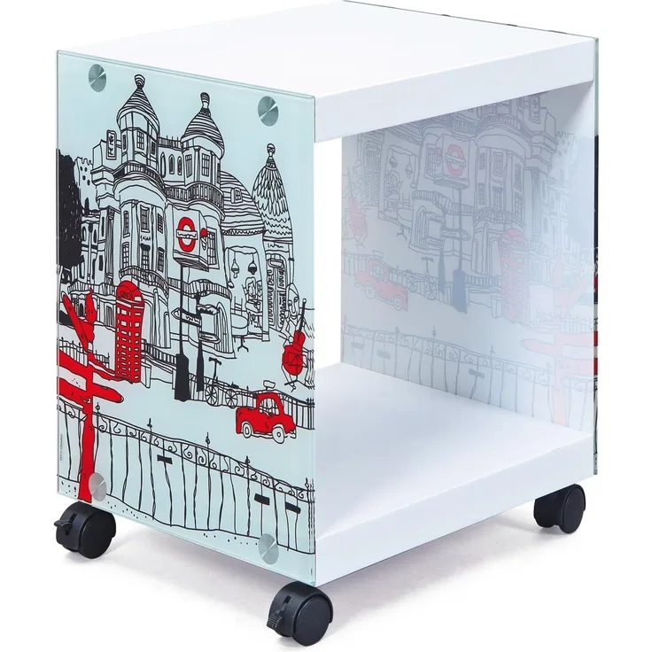 Beistelltisch 'Cube' Rollen arretierbar Rollwagen weiß Motiv London L-London