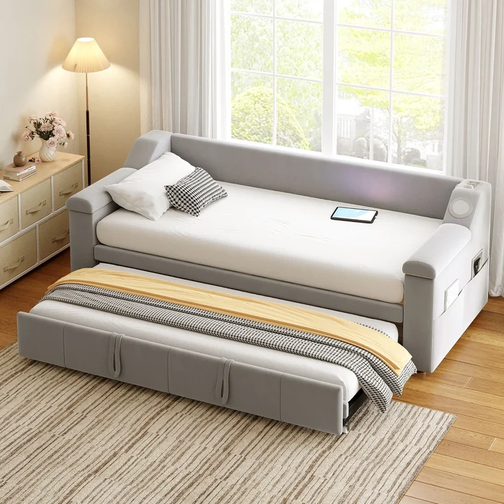 Ausziehbett 90/180×190 cm aus Samt mit Bluetooth-Sound und USB – multifunktionales Schlafsofa mit Stauraum – Bild 2