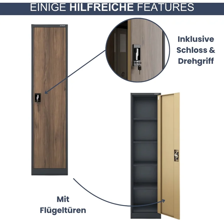 Aktenschrank abschließbar KADO - 5 Ebenen verstellbar, Flügeltüren | Metallschrank Werkstatt Mehrzweckschrank Büroschrank aus Stahl Werkzeugschrank, 185x45x40cm Anthrazit-Nussbaum – Bild 5