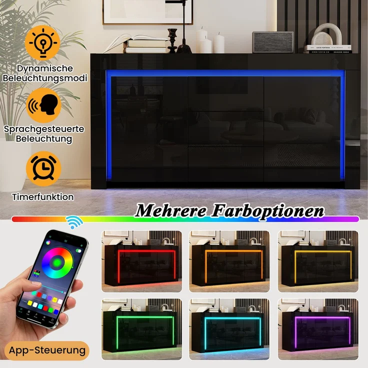 Merax 140*40*65cm Wohnzimmerschrank, Kommode mit 3 Schubladen, 2 Türen, Breite 140 cm, Hochglanz Beistellschrank mit LED-Lichtleiste, Sideboard mit Stauraum, Schwarz – Bild 7