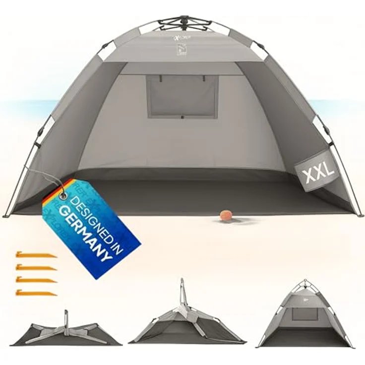 EXPLORER XXL Automatik Strandmuschel mit UV Schutz 80+ [220 x 150 x 130 cm] kleines Packmaß leicht und schnell in Sekunden aufgebautes Strandzelt Sonnenschutz Muschel automatisch Windschutz grau-Sand – Bild 2