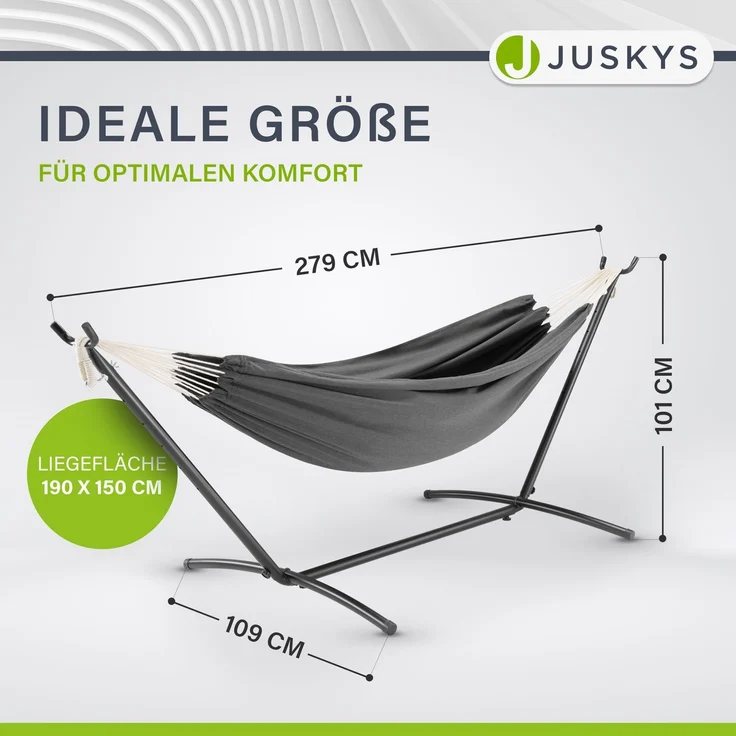 Juskys Hängematte Paya mit Gestell - Outdoor Doppelhängematte für 2 Personen - Ständer bis 200kg belastbar - Indoor doppel Hängeliege - Anthrazit – Bild 2