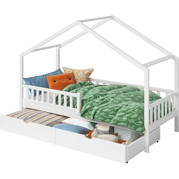Bellabino 'Vils' Hausbett 90x200 cm mit Matratze und großer Schublade, weiß, Kiefer Massivholz, Montessori Kinderbett mit Stauraum, inkl. Rausfallschutz und Lattenrost – Bild 11