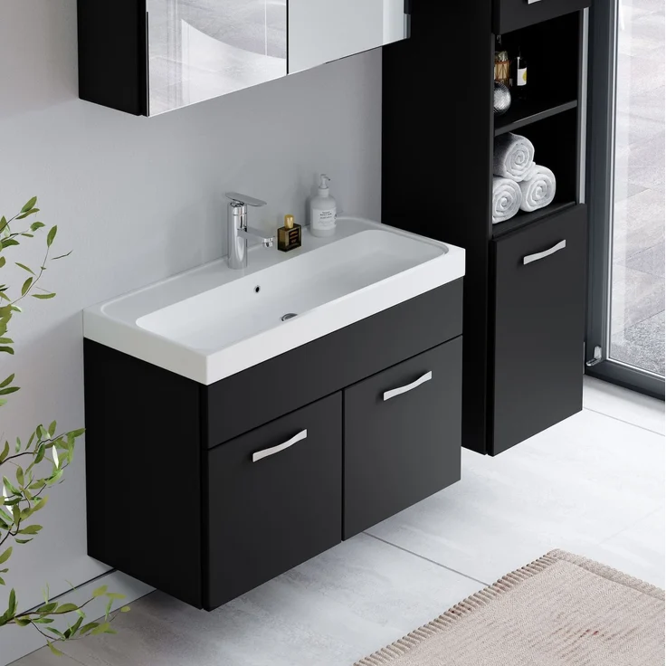 Badplaats Badmöbel Komplettset Paso LED 80 x 40 cm Schwarz Matt - Badezimmermöbel mit Waschbecken, Spiegelschrank und Badezimmerschrank – Bild 4
