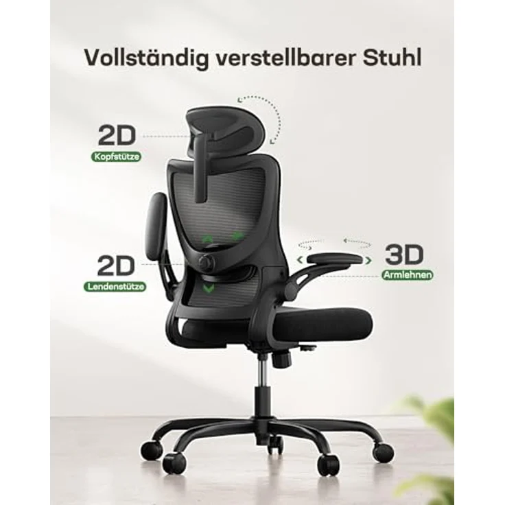 Marsail Bürostuhl Ergonomisch Schreibtischstuhl: Ergonomischer Bürostuhl mit 2D-Kopfstütze, 2D-Lendenwirbelstütze, klappbaren 3D-Armlehnen, 8 cm Sitzkissen, Höhenverstellung 300 LBS 4PCS – Bild 3