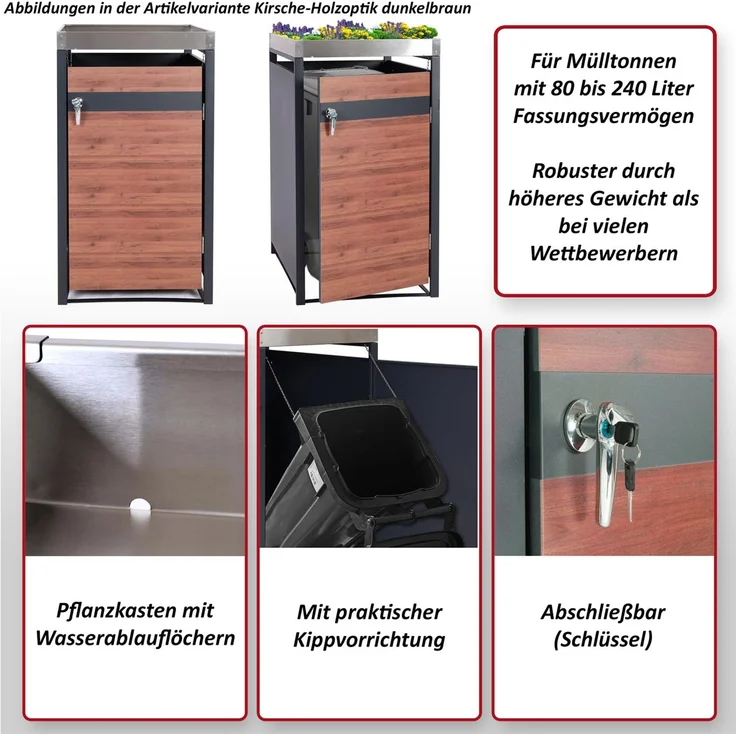 1er Mülltonnenverkleidung mit Pflanzkasten HWC-J82, erweiterbar, Metall 37kg, anthrazit ~ Kirsche-Holzoptik dunkelbraun – Bild 2