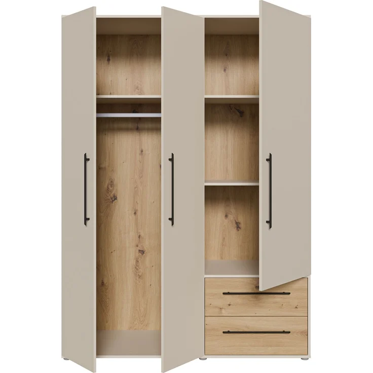 Drehtürenschrank >MOKKARIS< 2 Schübe, Sandfarben/ Artisan Eiche Dekor - 144,4x200,1x58,8cm (BxHxT) – Bild 4