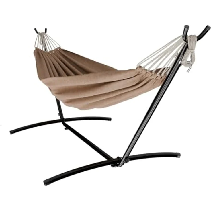 GARMIO Hängematte mit Gestell, 200kg Belastbarkeit, klappbar, inkl. Zubehör & Tragetasche, in Braun, 270x110x105cm – Bild 8
