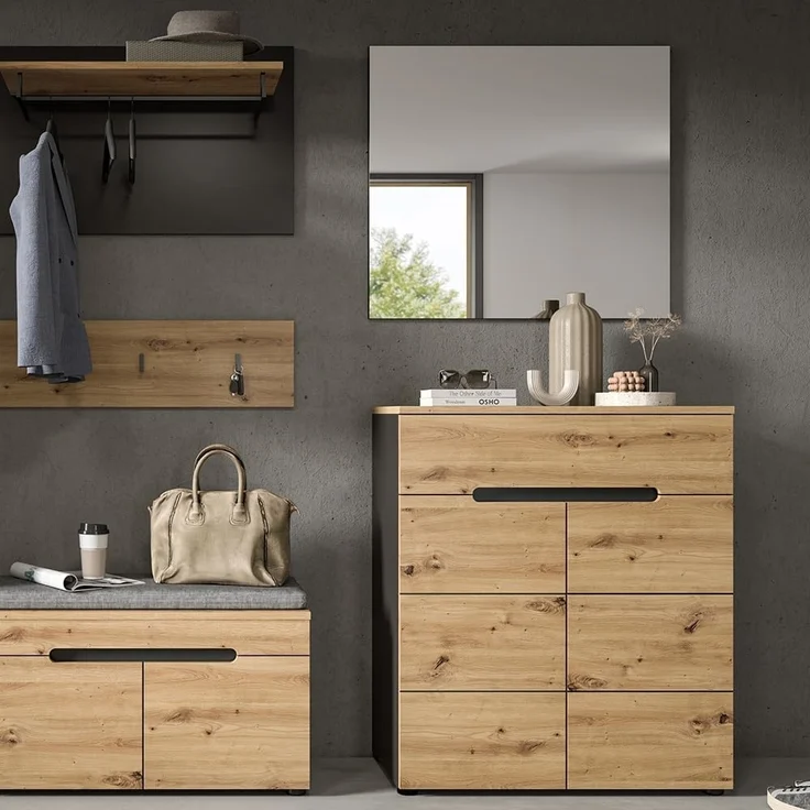 Lomadox Garderoben-Set CORTONA-158, (Spar-Set, 2-St, Schuhkommode Spiegel), Garderobenmöbel Flurmöbel Flurschrank modern in Eiche mit grau – Bild 1