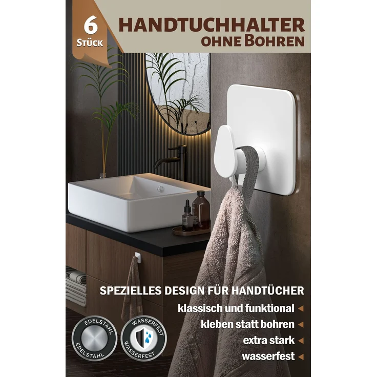 Lindenstein Ovale Klebehaken 6er-Set Weiß – Edelstahl V2A, 3M-Klebepads – Bild 2