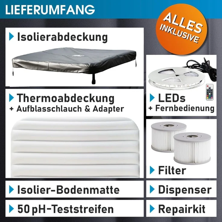 BRAST Whirlpool MSpa Oslo, Sapphire & Amber mit Fester Außenwand, (160x160x65cm, 3 Modelle, LED-Beleuchtung, 6 Personen), Ganzjähriger Einsatz Winterfest – Bild 7