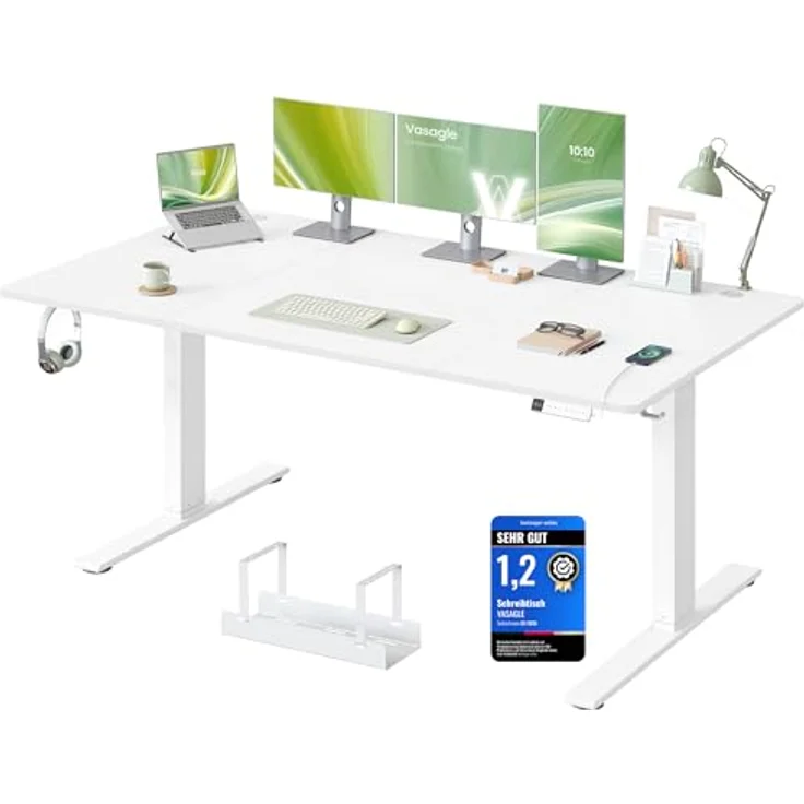 VASAGLE Höhenverstellbarer Schreibtisch, 180x80 cm, USB-C-Anschluss, Ablage für Steckdosenleiste, Stehtisch, Erinnerung bei langem Sitzen, 3 Speichertasten, für Büro, mattweiß LSD148WZ02 – Bild 2