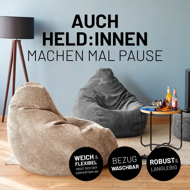 Lumaland 'GIANT' Sitzsack, Stabile Lehne, verdeckter Reißverschluss, Cord Beige, 100 x 132 x 96 cm – Bild 4