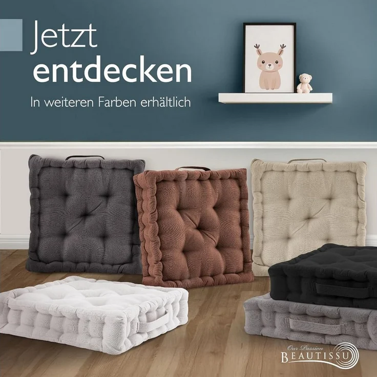 Beautissu Stuhlkissen Bodenkissen Sitzkissen Mila, 50x50cm, Braun, Matratzenkissen 10cm, 100% Baumwolle Stuhlkissen Indoor & Outdoor – Bild 2