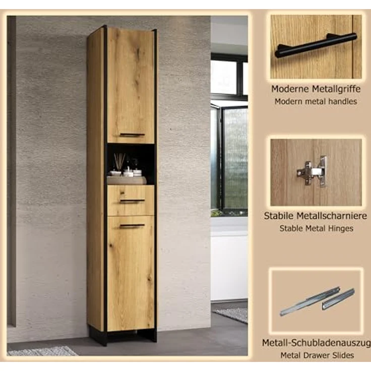 trendteam smart living - Safiya - Hochschrank - Eiche/Schwarz - Hochschrank mit 2 Türen 2 Einlegeböden 1 Schubkasten mit Vollauszug und 1 offenes Fach - (BxHxT) 37 x 190 x 31 cm – Bild 7