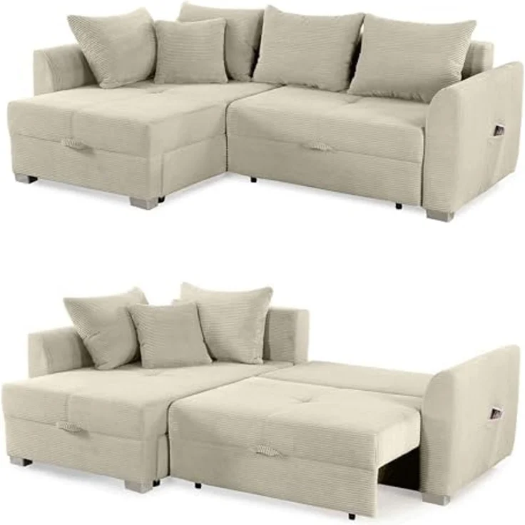 Ecksofa L-Form Couch Polsterecke Schlaffunktion Bettkasten Cord in Beige Grau – Bild 4