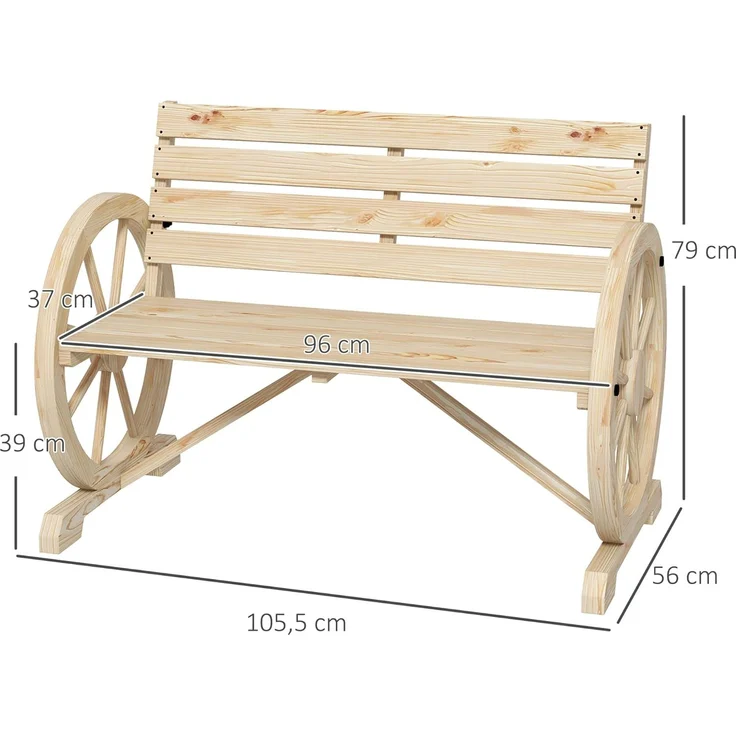 Outsunny Gartenbank 2-Sitzer Sitzbank Holzbank Wagenrad mit Armlehne Landhausstil Tannenholz Naturholz 105,5 x 56 x 79 cm – Bild 3