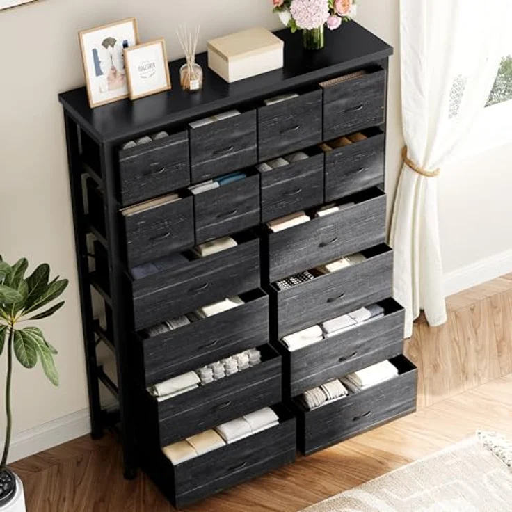 GarveeHome Hohe Kommode Mit 16 Stoffschubladen, Großzügiger Kleiderschrank Mit Metallgestell, Für Schlafzimmer Und Wohnzimmer, 103 x 30 x 130 cm – Bild 9