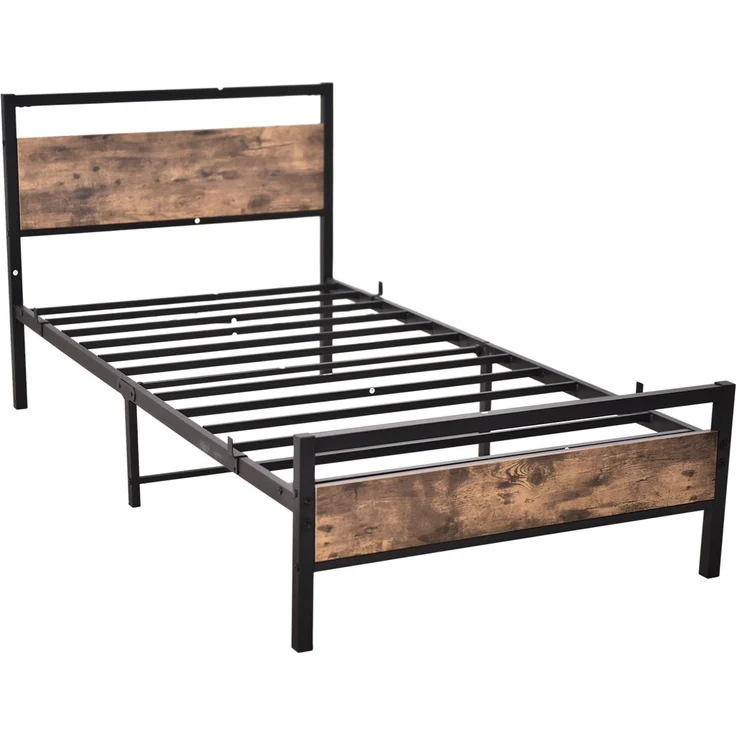 Doppelbett aus Stahl mit MDF-Kopfteil, ohne Matratze, 140x200 cm, Braun/Walnuss – Bild 10