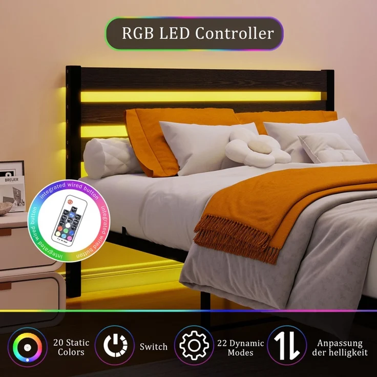 Homerecommend Metallbett 140x200 cm, Doppelbett und Jugendbett, mit MDF-Kopfteil, RGB-LED-Beleuchtung und 2 USB-Anschlüssen, Schwarz – Bild 6