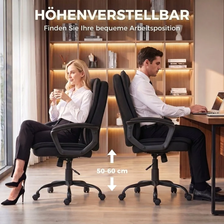 Chefsessel mit doppellagiger Polsterung, Bürostuhl aus Stoff, höhenverstellbar, mit Armlehnen, Schwarz--Schwarz--70x63x112cm--YOUDENOVA – Bild 7