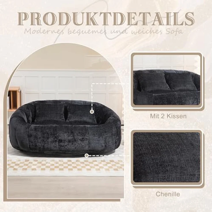 Ball & Cast Sitzsack, Durable Komfort Chenille Lazy Bag, Beanbag Chair mit 2 Kissen für Schlafzimmer, Büro, Schwarz, 2 Sitze – Bild 8