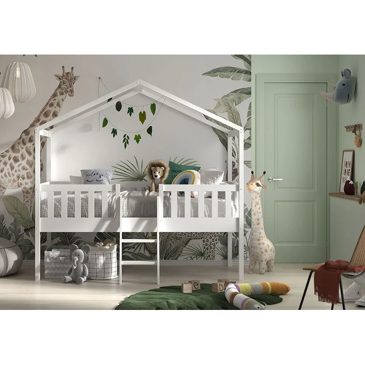 Hausbett mit Leiter Kapua 209x120x202 Kinderbett Massivholz Weiß – Bild 3