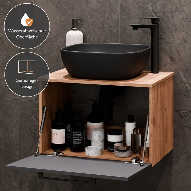 Planetmöbel Badmöbel-Set Astra, (Waschtisch mit Waschbecken schwarz & Spiegel und 1x Midischrank, 4-St), Waschtisch und Waschbecken schwarz mit Spiegel und 2x Midischrank – Bild 3