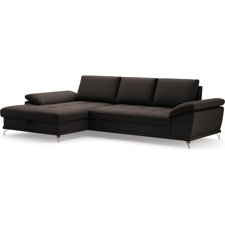 Cavadore Eckcouch Castiel mit Federkern / Ecksofa mit großem Longchair, Sitztiefenverstellung und mattschwarzen Metallfüßen / 301 x 89 x 176 / Echtleder, Dunkelbraun