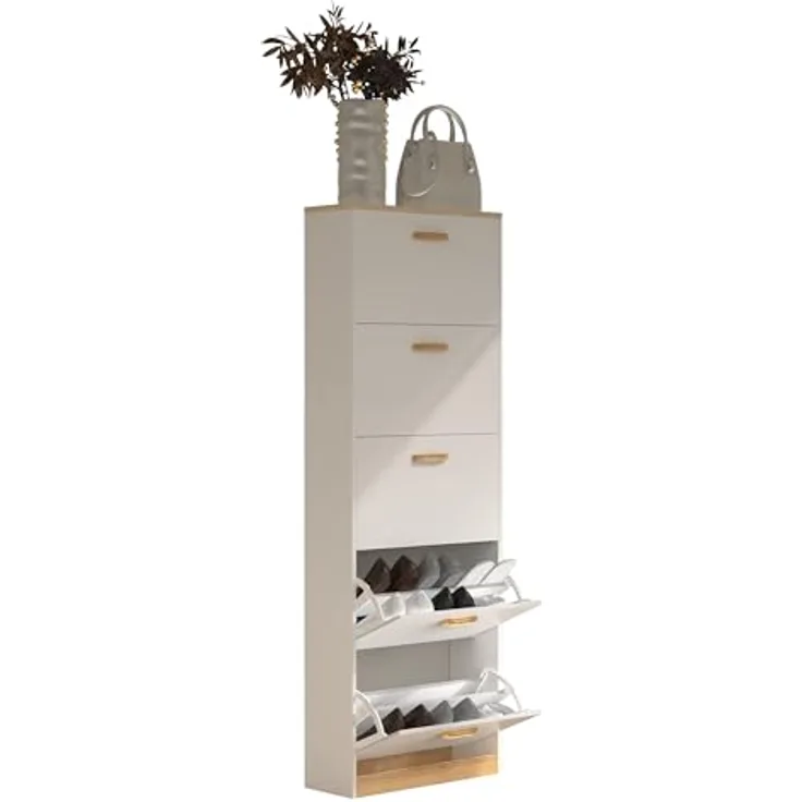 MID.YOU Schuhschrank Halom, stehend, Holzwerkstoff in Weiß und Honigeiche, 59x170x22 cm 