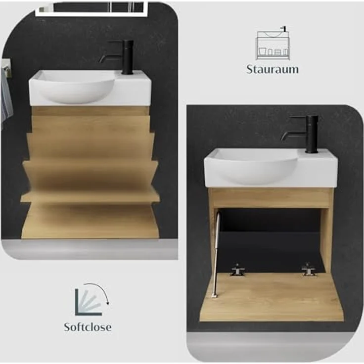 Alpenberger Badmöbel-Set - Gäste WC Waschbecken mit Unterschrank 45 cm Breit, (Badschrank 2-tlg, Waschtisch hängend), Waschbeckenunterschrank mit Softclose - Eiche Hell - Links Becken – Bild 5