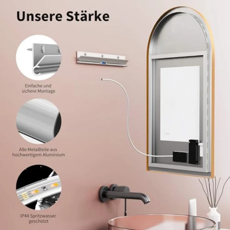 HOKO Badspiegel mit Beleuchtung und Antibeschlag, Gold/Schwarz, 50x90/60x100 cm, Touch-Sensor, wechselbare Lichtfarbe, feuchtraumgeeignet – Bild 5