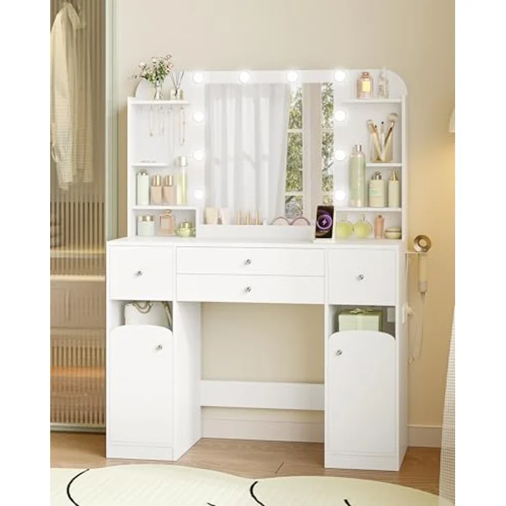 Schminktisch mit LED-Beleuchtung, mit Stecker und Föhnhalter, große Tischplatte 108 cm, Schminktisch mit 2 großen Schubladen mit Schmuckablage, 2 Schränke, 40 x 108 x 144 cm, Weiß – Bild 7