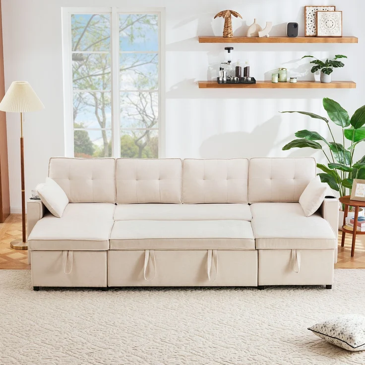 Wohnora-Schlafsofa mit Schlaffunktion, U-förmiges Sofa, Polstersofa aus Stoff in Leinenoptik, mit Getränkehalter, Stauraum, geeignet für Familien, Wohnzimmer usw Video verfügbar [old sku:N653P9745GA],H 86cm x T 270cm x B 130cm,Beige – Bild 2