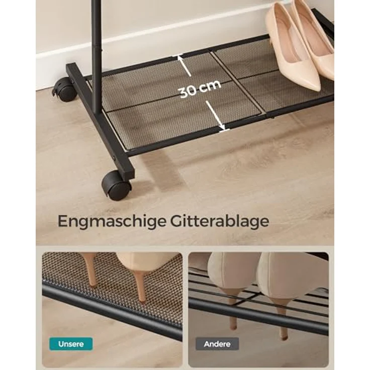 Songmics Kleiderständer, Kleiderstange auf Rollen, Garderobenständer 74 cm breit, Rollgarderobe mit Gitterablage, bis 35 kg belastbar, 2 Rollen arretierbar, Stahlrahmen, schwarz HSR130B01 – Bild 5