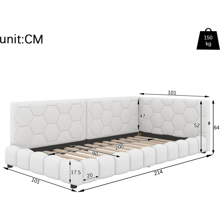 CHICFURN Bett aus Vliesimitat Weiß 90x200 cm mit LED-Beleuchtung und USB- und Type-C-Anschlüssen – Bild 10
