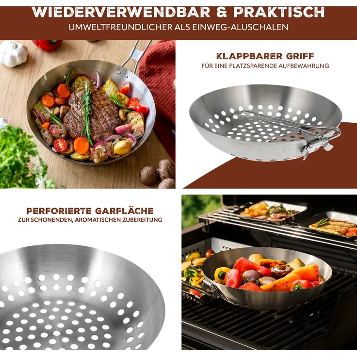 Grillpfanne rund // mit Klapp-Griff // Edelstahl ca. Ø 28 x 6,5 x 52 cm // Grillkorb Grillwok – Bild 3