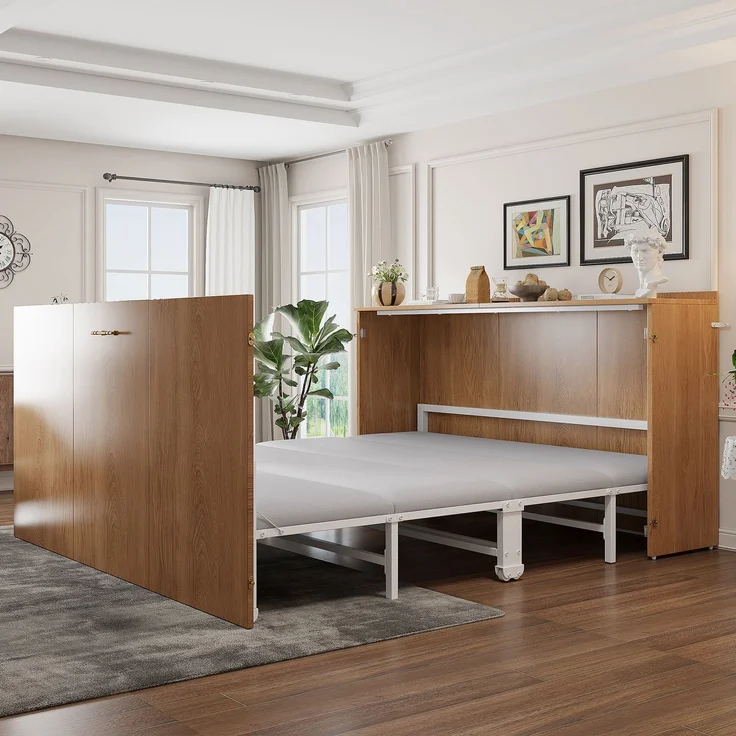 Klappbett 140x200 cm in Schrankoptik mit Leinenmatratze, Metallrahmen und Rollen – Bild 3