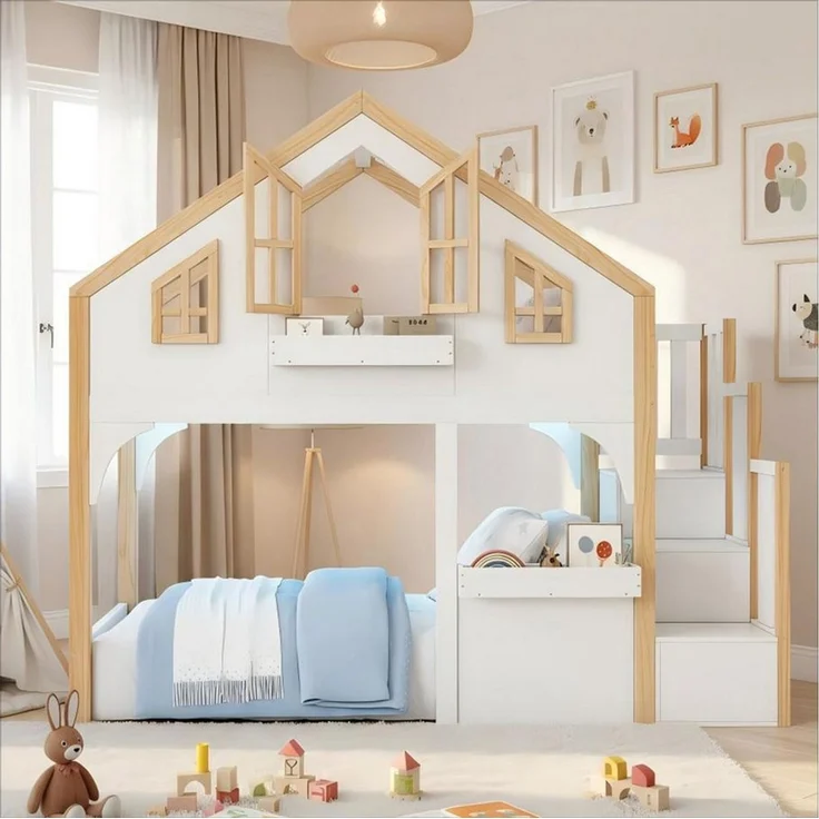 BlingBin Etagenbett 90x200 cm Kinderbett mit LED, Hochbett mit Stauraumtreppe, Hausbett (1er Set, 1-St, Ohne Matratze, Tragfähigkeit: 120KG, Massivholz+MDF, Weiß), Massivholzbett mit Fenster-Form und Rausfallschutz für Kinderzimmer – Bild 2