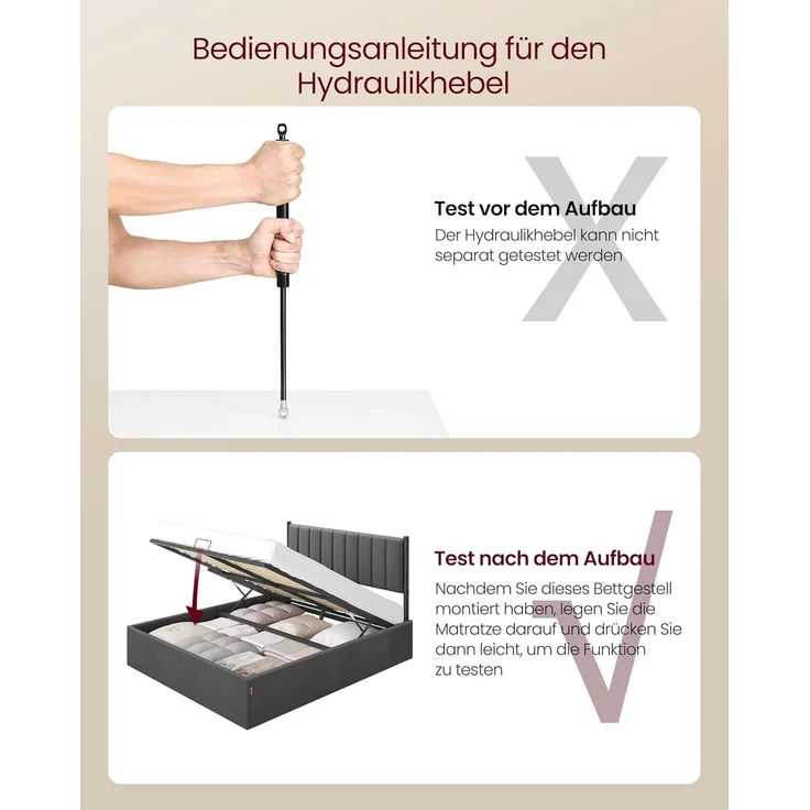 VASAGLE Bett, klappbar Lattenrost, Unterbettaufbewahrung, Kopfteil, Hydrauliksystem, dunkelgrau, 160 x 200 cm – Bild 7
