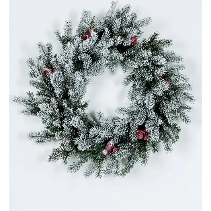 EveXmas Altair Premium Weihnachtskranz Grün-Weiß-Rot 45 cm beschneit mit roten Beeren, künstlicher Türkranz, 68 Zweige, 408 PE-Spritzguss-Triebe – Bild 2