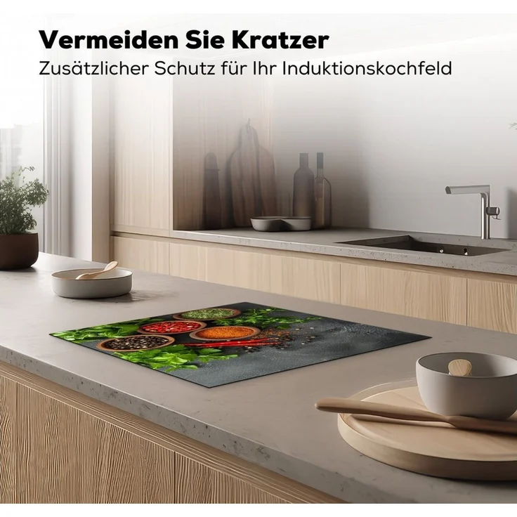 MuchoWow Herd-Abdeckplatte Kräuter - Paprika - Betonoptik/print, Vinyl, (1 tlg), Ceranfeldabdeckung Küche, Herdabdeckplatte Einteilig, 60x52 cm – Bild 3
